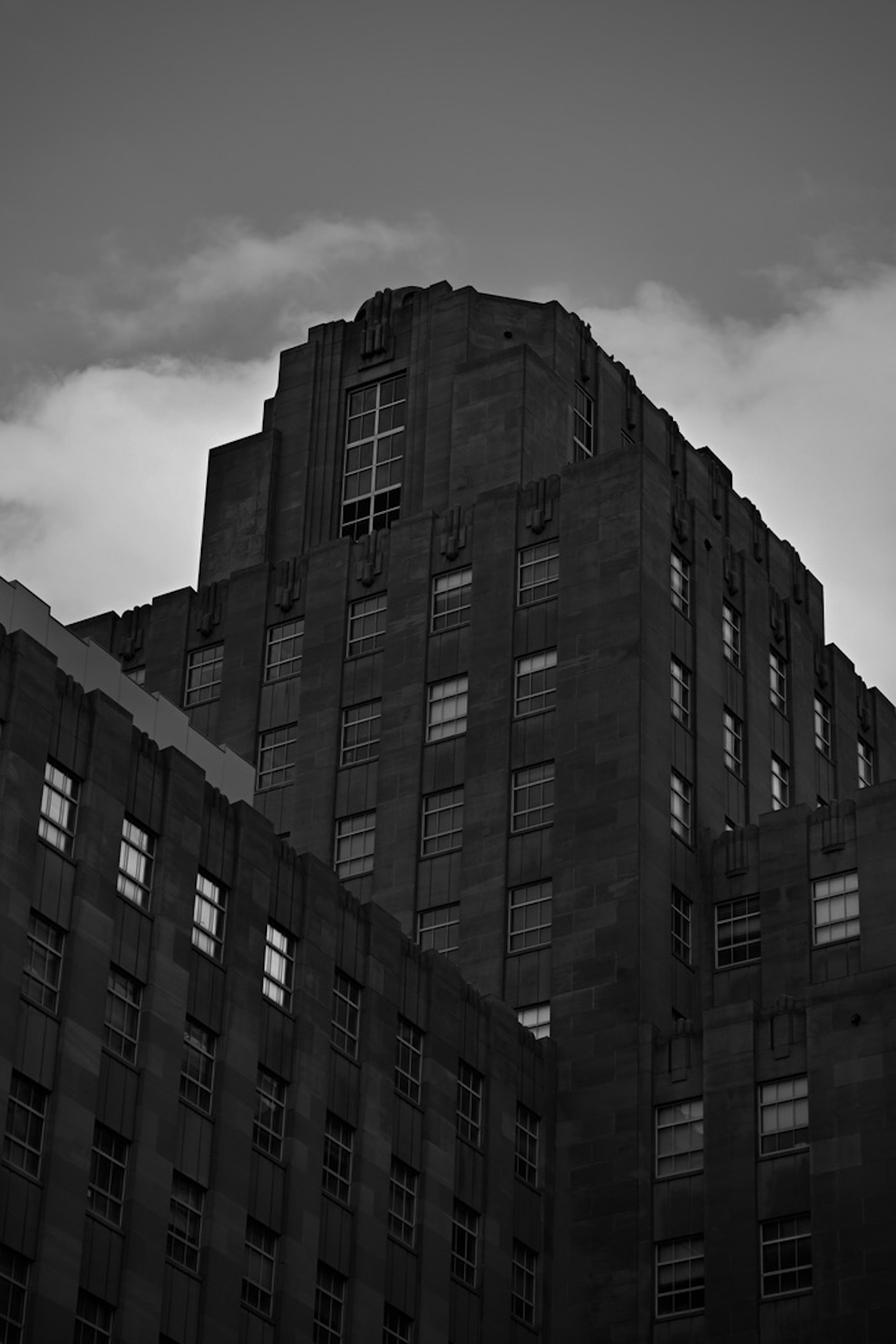 Black and white city photo.